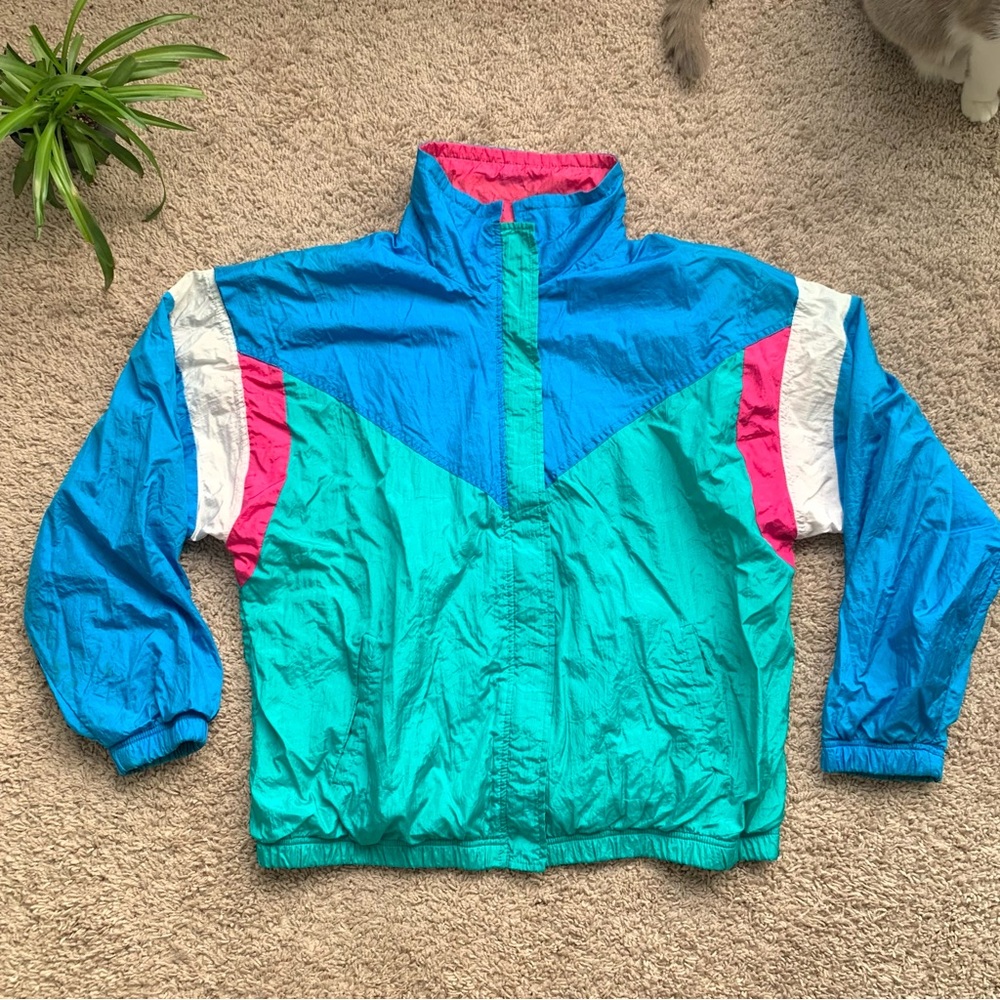 Vintage 80s Venezia Windbreaker Track Jacket Retro Color Teal Pink Blue Size M